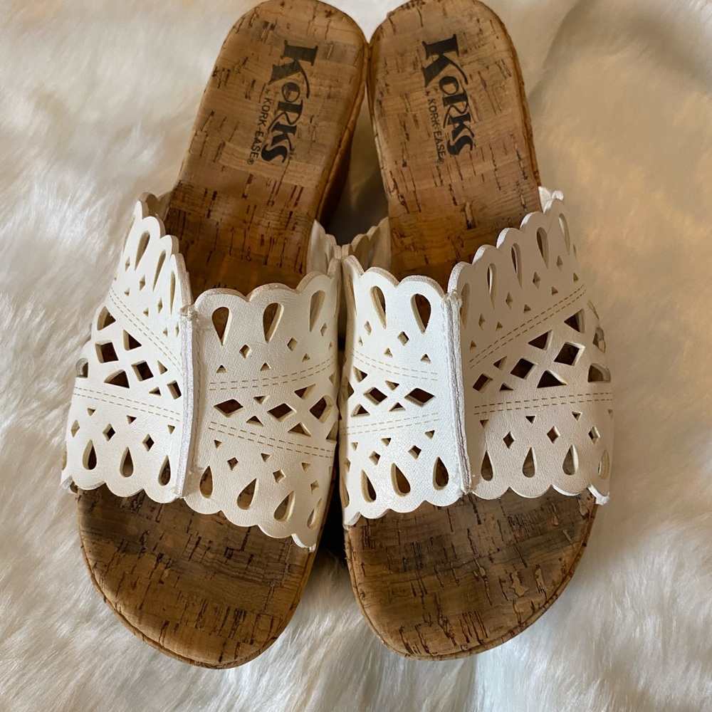 Kork-Ease White Open-Toe Sandals with Intricate Cutout Design EUC Rarely worn